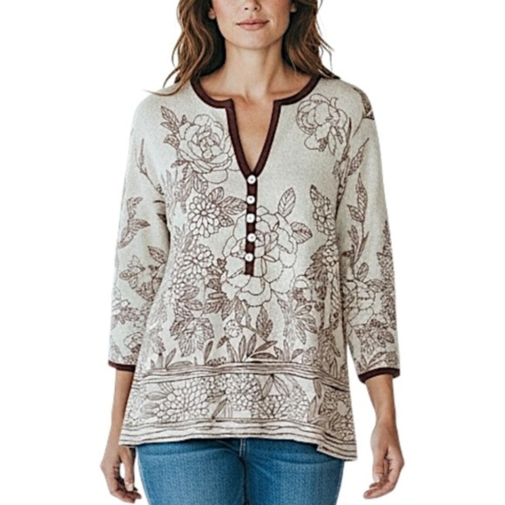 4/$20 Cathy Daniels Cream Brown Floral Print Henley Top Size Medium